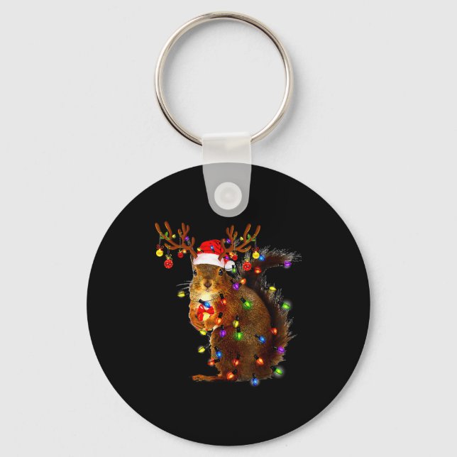 Squirrel Christmas Tree Lights Reindeer Santa Hat  Schlüsselanhänger (Vorderseite)
