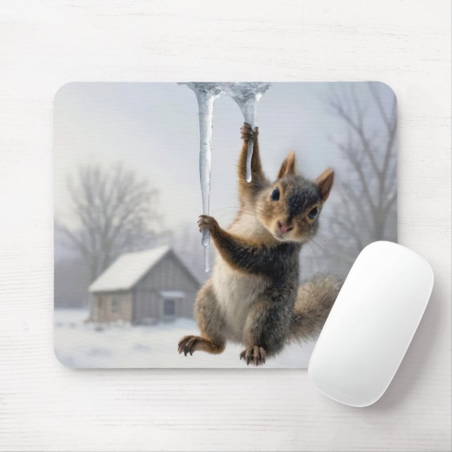 Squirrel Hanging From an Icicle Mousepad (Mit Mouse)