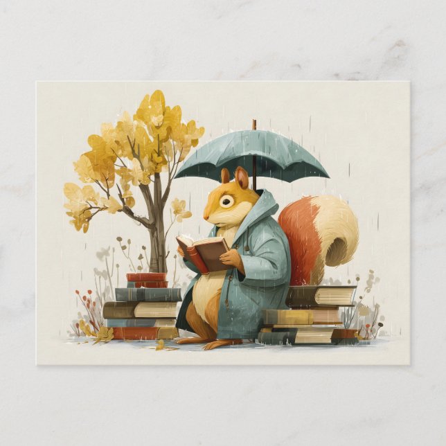 Squirrel Reading Books Under an Umbrella  Postkarte (Vorderseite)