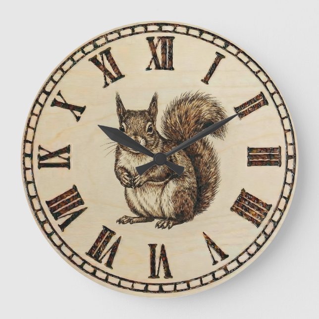 Squirrel Wall Clock _ Wood-Burned style  Große Wanduhr (Vorderseite)