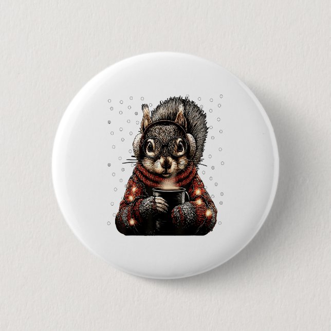 Squirrel With Gles Christmas Lights Funny Coffee W Button (Vorderseite)