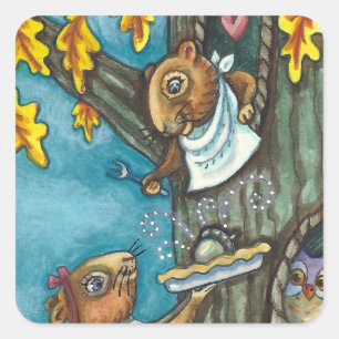 SQUIRRELS & OWL ERNTEDANK, HOMEMADE ACORN PIE QUADRATISCHER AUFKLEBER