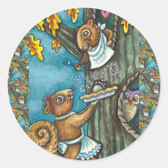 SQUIRRELS & OWL ERNTEDANK, HOMEMADE ACORN PIE RUNDER AUFKLEBER (Vorderseite)