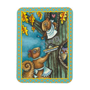SQUIRRELS & OWL ERNTEDANK, HOMEMADE PIE MAGNET