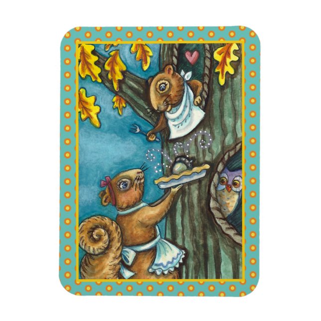 SQUIRRELS & OWL ERNTEDANK, HOMEMADE PIE MAGNET (Vertikal)