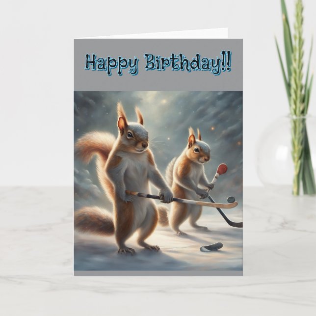Squirrels playing Hockey Birthday Karte (Vorderseite)