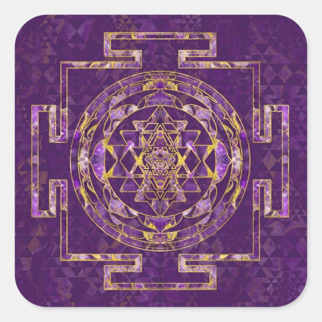 Sri Yantra / Sri Chakra Amethyst und Gold Quadratischer Aufkleber (Vorderseite)