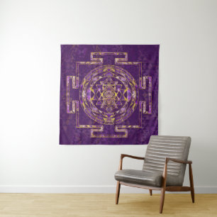 Sri Yantra/Sri Chakra Amethyst und Gold Wandteppich