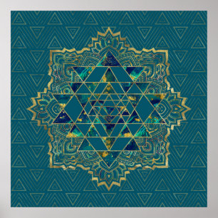 Sri Yantra / Sri Chakra Gold, Marmor und Aquamarin Poster