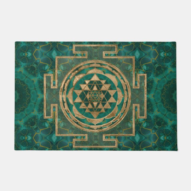 Sri Yantra/Sri Chakra Malachit und Gold Fußmatte (Vorderseite)