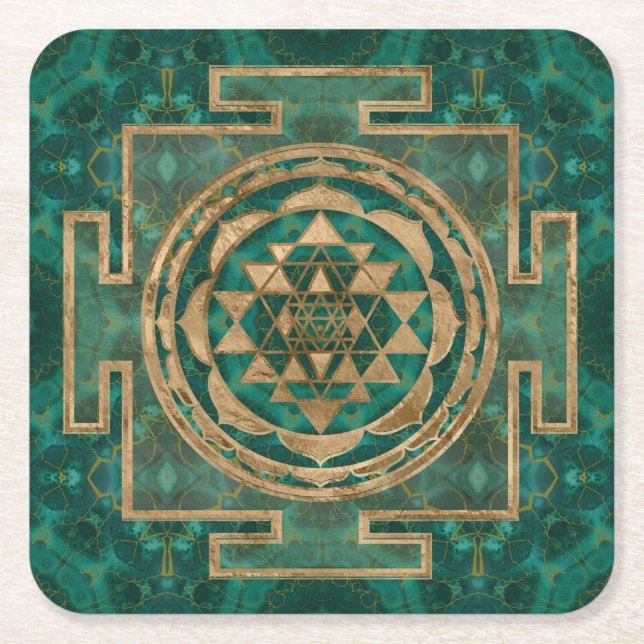 Sri Yantra/Sri Chakra Malachit und Gold Rechteckiger Pappuntersetzer (Vorderseite)
