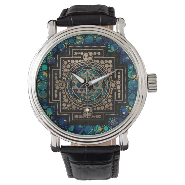 Sri Yantra / Sri Chakra Marmor und Gold Armbanduhr (Vorderseite)