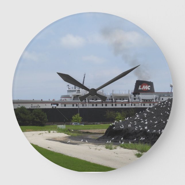 SS Badger Kohleschiff in Manitowoc WI Wall Clock Große Wanduhr (Vorderseite)