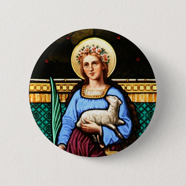 St. Agnes von Rom, Lamm und Palmblatt halten Button (Vorderseite)