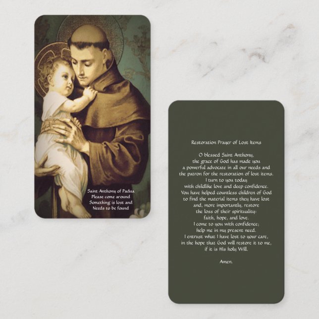 St. Anthony Gebet der Wiederherstellung verlorener Begleitkarte (Vorne/Hinten)