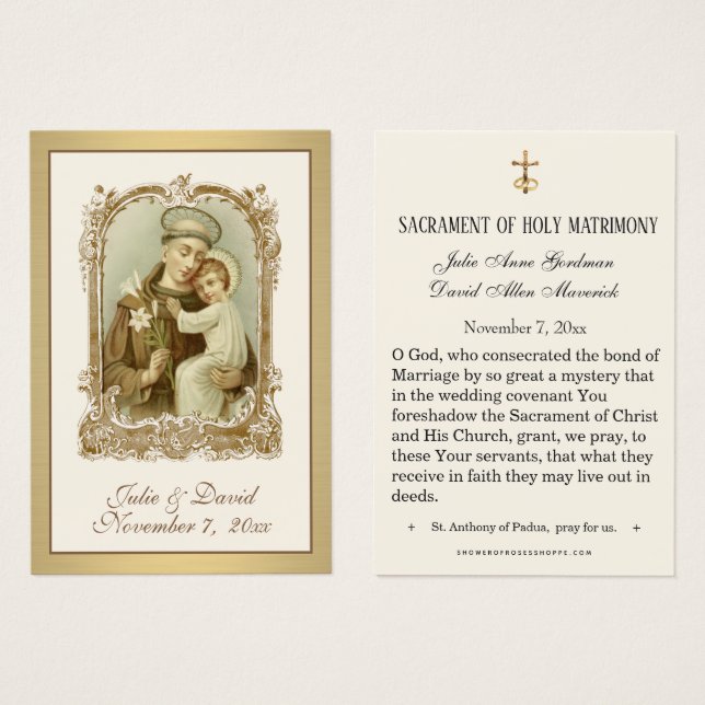 St. Anthony Jesus Elegant Gold Wedding Favor Card (Devant & derrière)