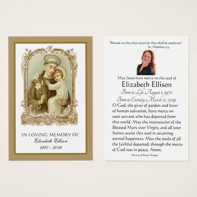 St. Anthony Katholic Beerdigung Gedenkkarte - (Vorne & Hinten)