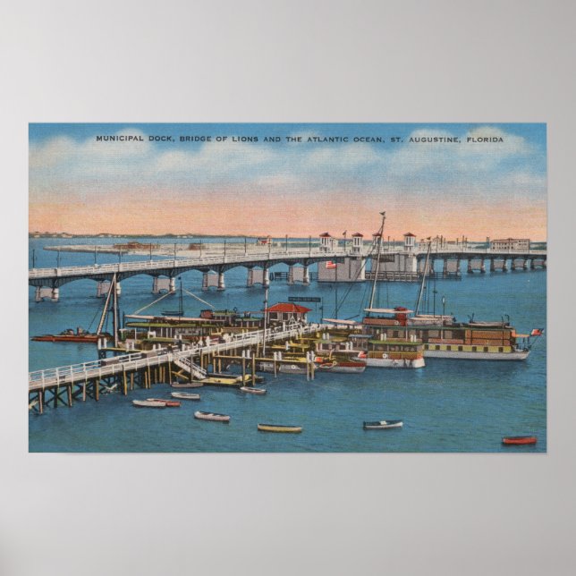 St. Augustine, FL - Sicht auf die Brücke der Löwen Poster (Vorne)