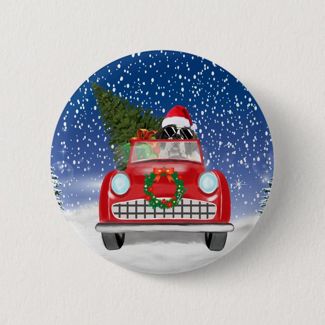 St. Bernard Dog Autofahrer im Schnee Weihnachten Button (Vorderseite)