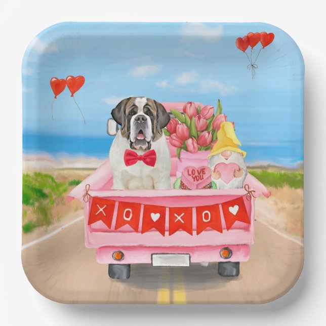 St. Bernard Dog Valentine's Day Lkw Herz Pappteller (Vorderseite)