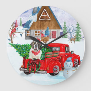 St. Bernard Hund in Weihnachten LKW Schnee Große Wanduhr
