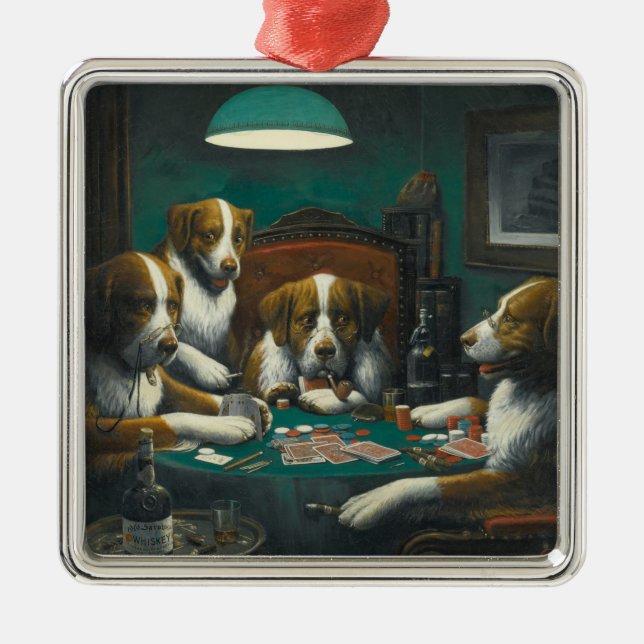 St. Bernard Hunde Poker (Kitsch Animal Art) Ornament Aus Metall (Vorne)