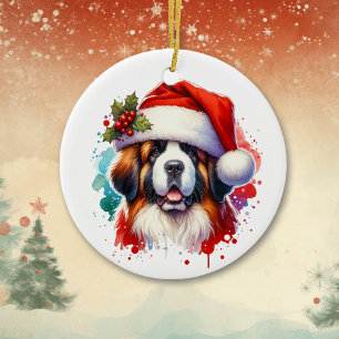 St. Bernard in der Weihnachtsmannmütze Personalisi Keramik Ornament