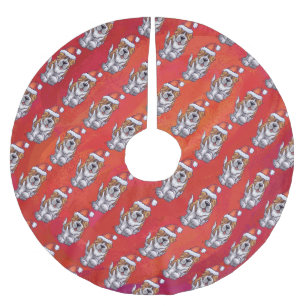 St. Bernard in Hat Pattern On Red Polyester Weihnachtsbaumdecke