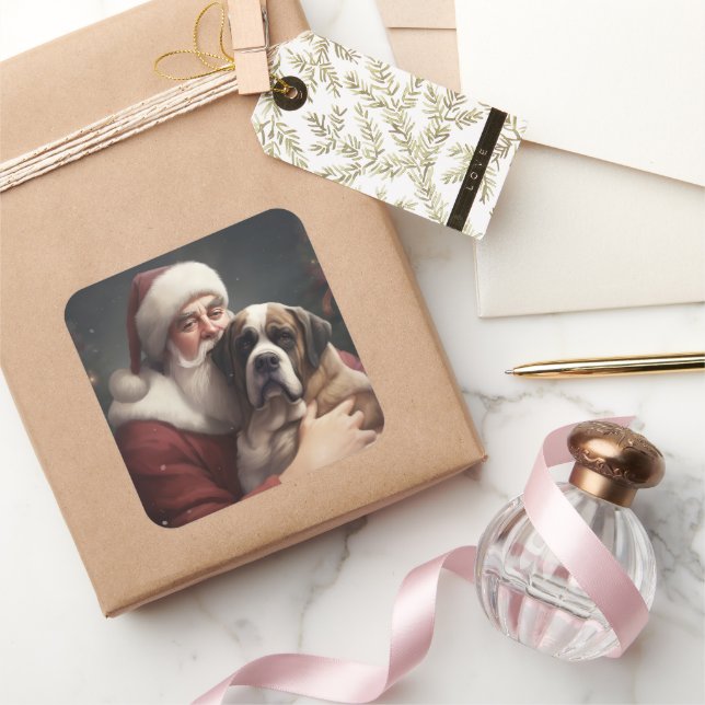 St. Bernard mit dem Weihnachtsmann Weihnachten Quadratischer Aufkleber (Schenken)