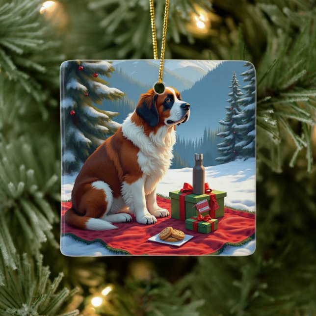 St. Bernard Winter Picnic Christmas Painting Keramikornament (Baum)