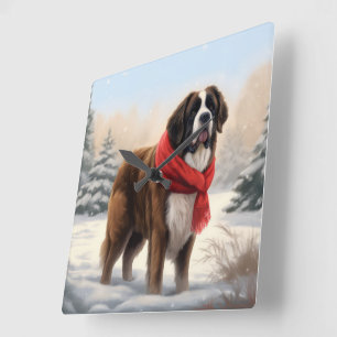 St. Bernhard Hund im Schnee Weihnachten  Quadratische Wanduhr