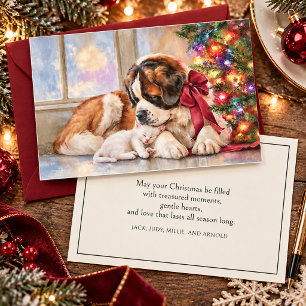 St. Bernhard Hund Weiße Katze Kamin Weihnachten
