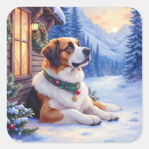 St. Bernhard Schneebedeckte Berghütte Weihnachtshu Quadratischer Aufkleber