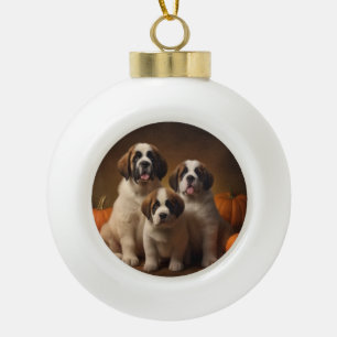 St. Bernhard Welpe Herbstfreude Kürbis Keramik Kugel-Ornament