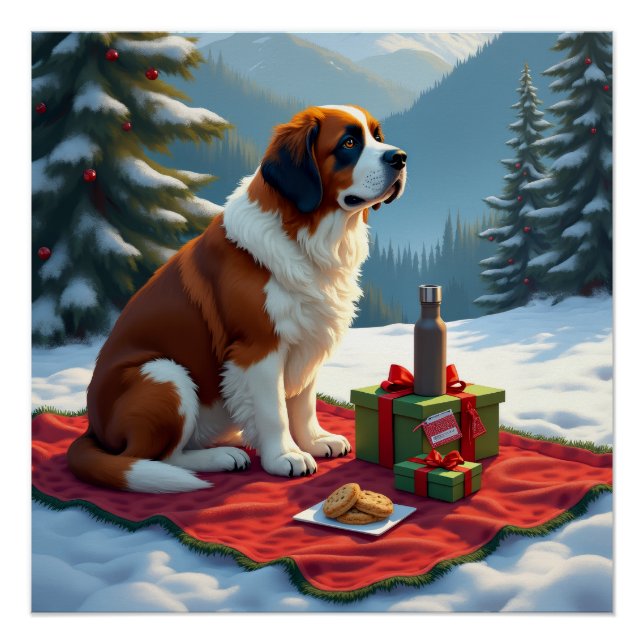 St. Bernhard Winter-Picknick-Weihnachtsbild Poster (Vorderseite)