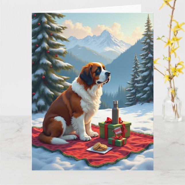 St. Bernhard Winterpicknick Weihnachtsmalerei Karte (Gelbe Blume)