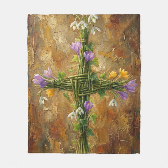 St Brigid Cross Green Rushes Crocus Imbolc Art Fleecedecke (Vorderseite)