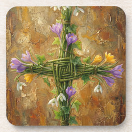 St Brigid Cross Green Rushes Crocus Imbolc Art Getränkeuntersetzer