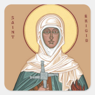 St Brigid mit Heiligem Feuer und Kreuz Quadratischer Aufkleber