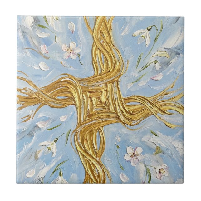 St Brigid's Cross Snowdrops Golden Imbolc Art Fliese (Vorderseite)