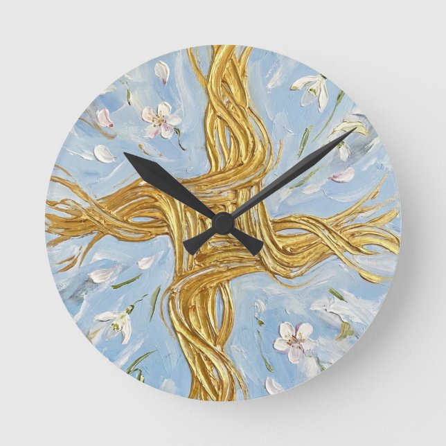 St Brigid's Cross Snowdrops Golden Imbolc Art Runde Wanduhr (Vorderseite)