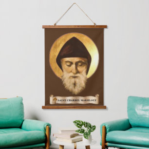 St. Charbel Makhlouf Wandteppich mit Holzabschluss Holzrahmen
