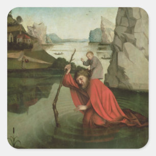 St Christopher, welches das Christus-Kind trägt Quadratischer Aufkleber