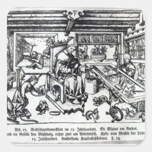St. Eligius als Goldschmied in seiner Werkstatt Quadratischer Aufkleber