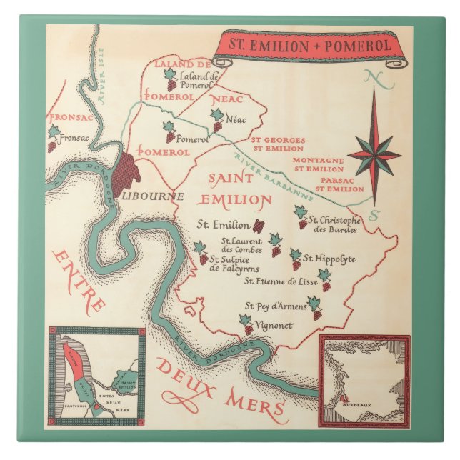 St. Emilion Bordeaux Wine Map  Ceramic Tile Fliese (Vorderseite)