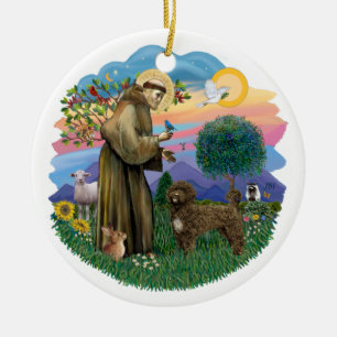 St Francis - Brown Portugiesischer Wasserdog Keramik Ornament