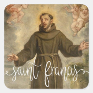 St Francis der Skript-Überlagerung Assisis  White Quadratischer Aufkleber