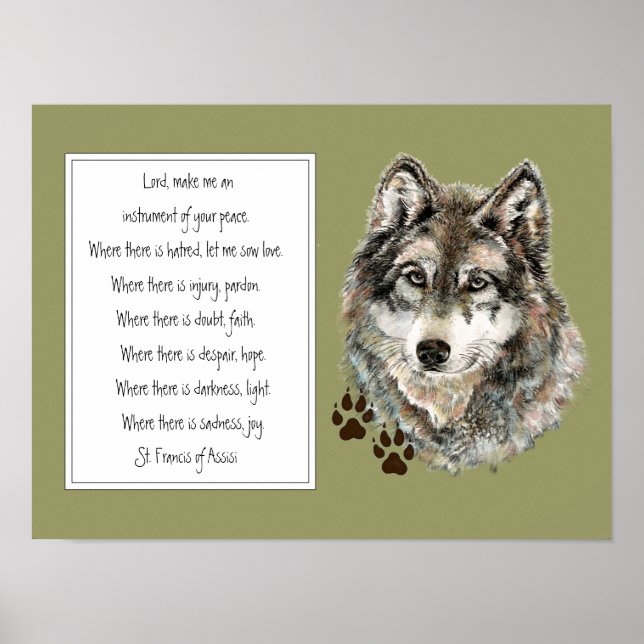 St. Francis vom Assisi Gebet mit Wolf Tracks Poster (Vorne)