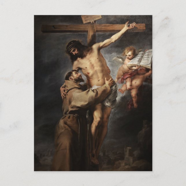 St. Francis von Assisi Embracing Christ von Murill Postkarte (Vorderseite)