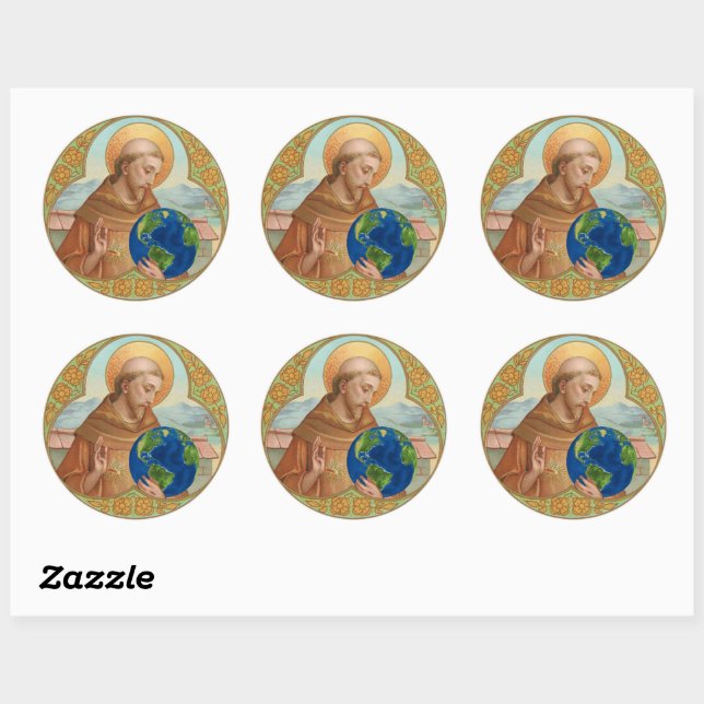 St. Francis von Assisi Holding Earth Runder Aufkleber (Blatt)